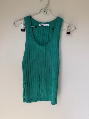 Zara metallic teal green Ribbed Knit Tank Top s